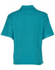 A teal short sleeve overblouse with a collared neck and back pleats, featuring a logo.