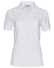 A white short sleeve tunic with a full zip front, featuring a fitted design and a logo.