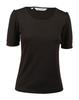 A women's black scoop neck T-shirt with short sleeves and a slight gathering at the sleeves. It features a logo.