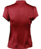 A women's tie neck blouse in a rich maroon colour with short sleeves and a smooth satin finish.