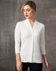 A white mid sleeve knit top with a shawl collar and fitted design, featuring subtle branding.