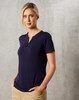 A navy short-sleeved V-neck knit top for ladies with a tab collar design and a logo.