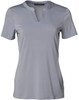 A grey ladies' V-neck short-sleeve knit top with a tab detail and a logo at the neck.