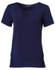 A navy ladies' round neck knit top featuring pleats and short sleeves, with a logo on the neckline.