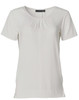 A light cream ladies' round neck short sleeve knit top with pleats, featuring a logo on the neckline.