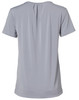 A light grey ladies' round neck short-sleeve knit top featuring pleats at the back. Includes branding.