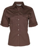 A brown women's short sleeve military shirt featuring button-up front and pockets, with rolled sleeves.
