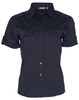 A women's short sleeve military shirt in navy blue with button-up front and two chest pockets. Features a logo.