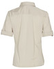 A beige women's short sleeve military shirt with a button-up design and rolled sleeves, featuring a logo.