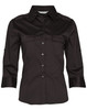 A black women's 3/4 sleeve military shirt featuring button-front closure and chest pockets. The shirt has a logo on it.