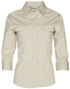 A beige women's 3/4 sleeve military shirt with two chest pockets and a collared design. Features a logo.