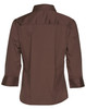 A brown women's 3/4 sleeve military shirt featuring a back yoke and cuffed sleeves. It has a logo.
