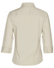 A back view of a women's beige 3/4 sleeve military shirt featuring a collar and a simple design.