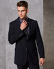 A tailored men's jacket in dark navy wool stretch, featuring two buttons and a sleek silhouette.