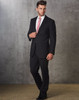 A men's poly/viscose stretch jacket in black, paired with a white shirt and pink tie, set against a textured backdrop.