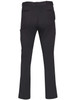 Men's black utility cargo pants featuring multiple pockets and a logo. The back view highlights the streamlined design.