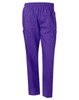 Unisex scrub pants in vibrant purple with an elastic waistband and two side pockets. Features a logo.