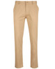Men's chino pants in a light beige colour, featuring a button closure and pockets, with a branded logo.
