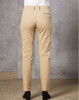 A pair of beige ladies' chino pants seen from the back, featuring a fitted design and a rear pocket.
