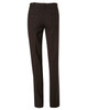Women's low rise pants in dark brown poly/viscose stretch, featuring a tailored design with back pockets and belt loops.