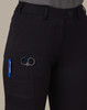 A pair of black ladies' utility cargo shorts with pockets, featuring a pen and scissors attached.