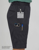 A pair of black ladies' utility cargo shorts featuring multiple pockets and a logo. Accessories are not included.