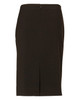 A women's mid-length lined pencil skirt in dark brown poly/viscose stretch stripe with a back zipper.