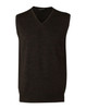 A dark-coloured, sleeveless V-neck vest made from 100% Merino wool, featuring a ribbed hem and a small logo.