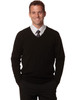 A black men's 100% Merino wool V-neck long sleeve sweater, styled with a shirt and tie.