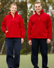 A red unisex polar fleece jumper with a half-zip collar, displayed on both a male and female model.