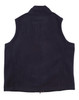 A navy fleece vest for kids, featuring a high collar and no sleeves, with a logo on the back.