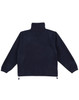 A navy blue polar fleece pullover for kids with a high neck and adjustable hem, featuring a logo.