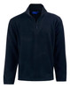 A black half zip polar fleece pullover with long sleeves and a front zip. It features a logo on the chest.