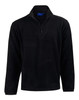 A black adult's half zip polar fleece pullover with long sleeves and a zippered neck, featuring a logo.