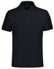 A black unisex polo shirt with a collar and short sleeves, featuring a logo on the upper left.