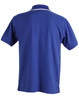 A blue men's polo shirt featuring short sleeves and a white collar detail, with a logo on the front.