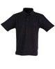 A black unisex traditional polo shirt with short sleeves and a collar, featuring a logo on the front.