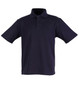 A navy blue children's polo shirt with a collar and short sleeves, featuring three buttons and a logo.