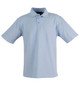 A light blue children's traditional polo shirt with a collar, short sleeves, and three buttons, featuring a logo.