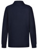 A navy long-sleeved polo shirt made from 240gsm poly/cotton blend, featuring a collar and a logo on the back.