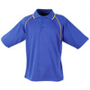A blue men's polo shirt with short sleeves and yellow piping, featuring a collar and three buttons.
