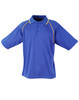 A blue men's polo shirt with short sleeves and yellow piping, featuring a collar and three buttons.