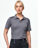 A grey short-sleeve polo shirt with subtle detailing on the shoulders, featuring a logo on the chest.