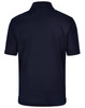 A plain navy blue men's polo shirt featuring a collar and short sleeves, with a logo on the back.