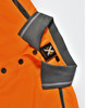 An orange polo shirt with grey accents and a logo at the collar, featuring buttons down the front.