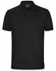 A black polo shirt with a collared neck and buttoned placket, featuring a small logo on the upper side.