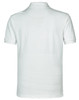 A white men's polo shirt featuring short sleeves and a collar, with a logo on the back.