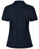 A navy blue ladies’ polo shirt with a classic collar and short sleeves, featuring a logo on the back.