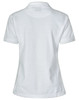 A white ladies' polo shirt featuring a short design and rolled sleeves, with a logo on the back.