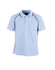 A light blue polo shirt featuring contrasting trim, with a collar and short sleeves. It has a logo on the chest.